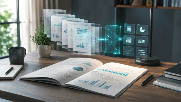 Relatório aberto com camadas digitais organizando gráficos e informações