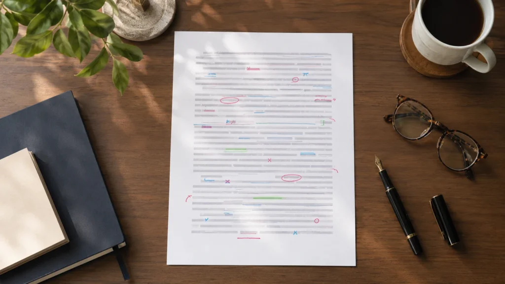 Folha de texto com marcações editoriais abstratas sobre uma mesa de madeira