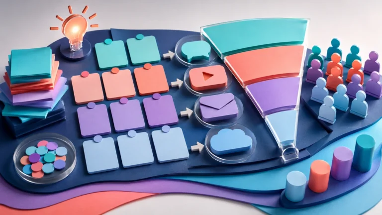 Fluxo colorido de cartões de ideias, canais e público para marketing de conteúdo